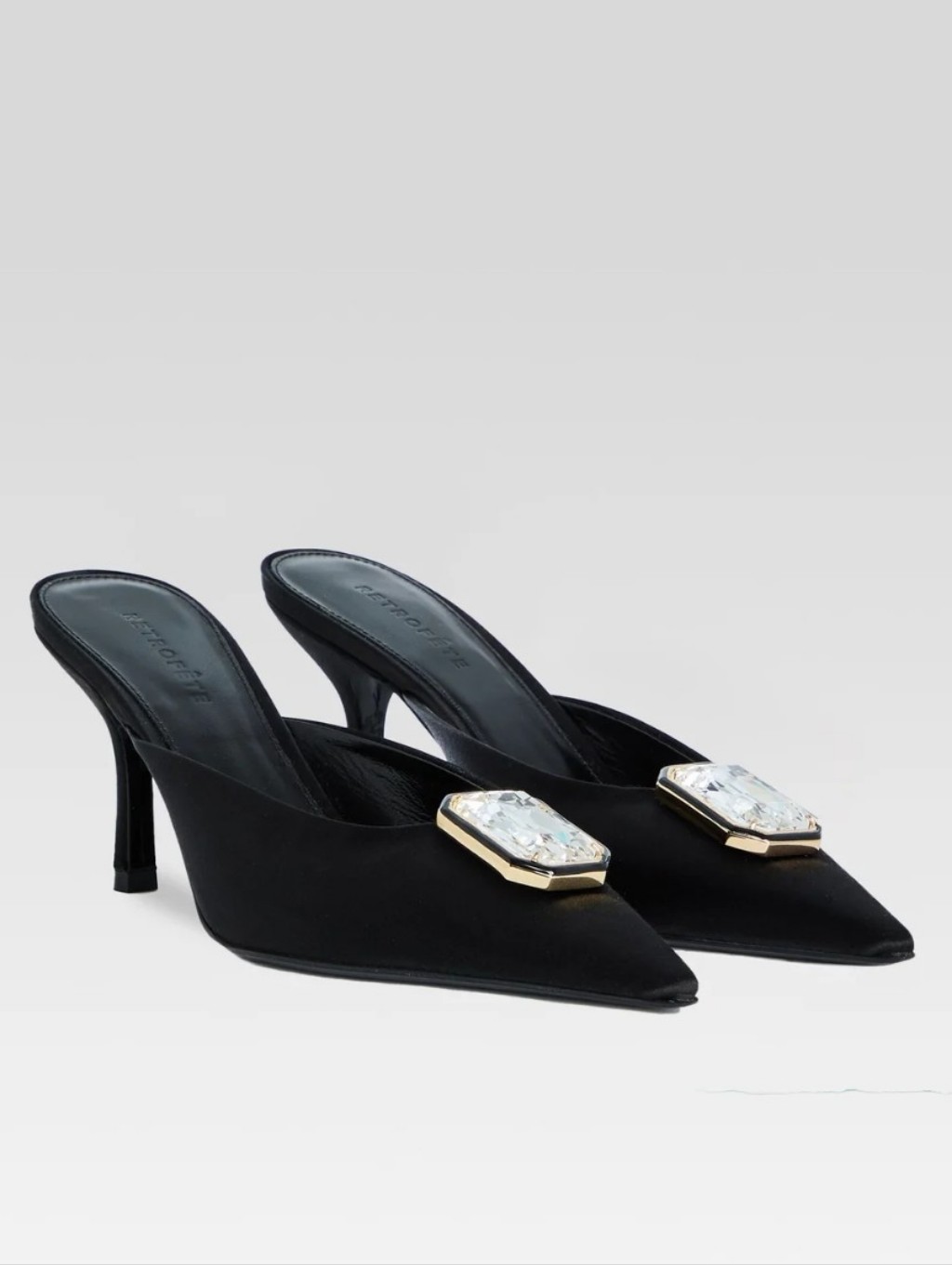 New Retrofte Francesca Satin Black Crystal Kitten Mule Heels Size 37 / 6 Us Nwt